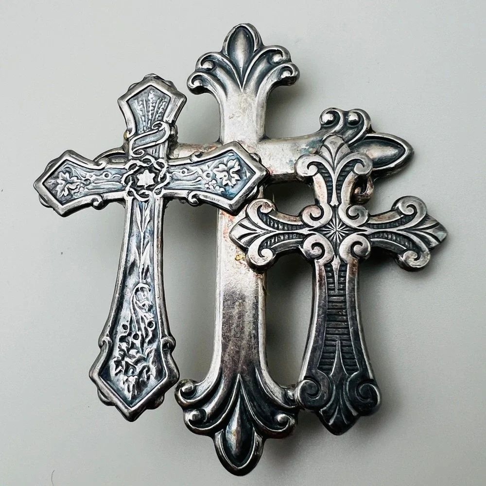 Vintage Triple Cross Brooch Silver Tone‎ Ornate Religious Pin Gothic Revival